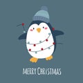 Cute penguin with garland and hat, merry ÃÂ¡hristmas, festive illustration. Vector.